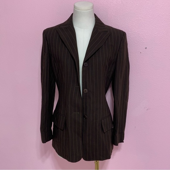 VTG Banana Republic Dark Brown Wool Pinstripe Blazer 4 - Picture 2 of 16